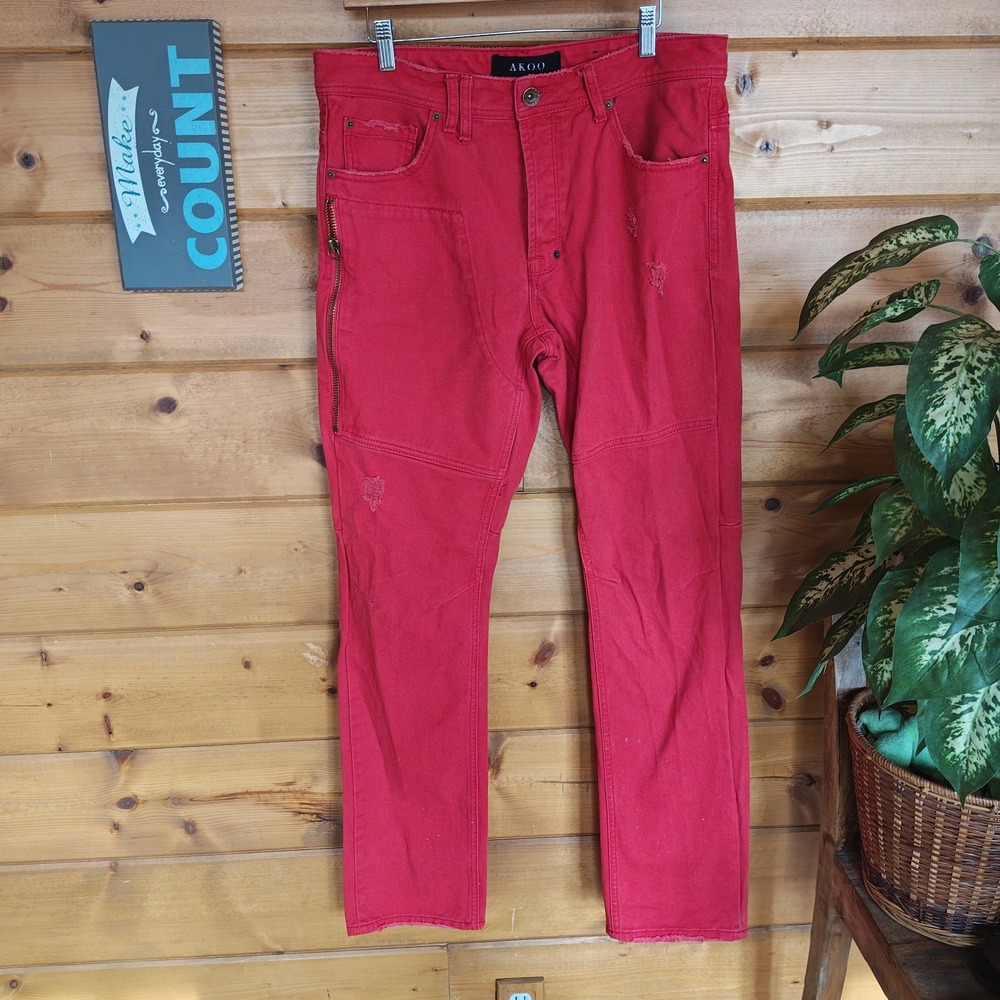 Akoo red cotton denim jeans size 34 32" inseam‎ [Needs Cleaning] Button Fly